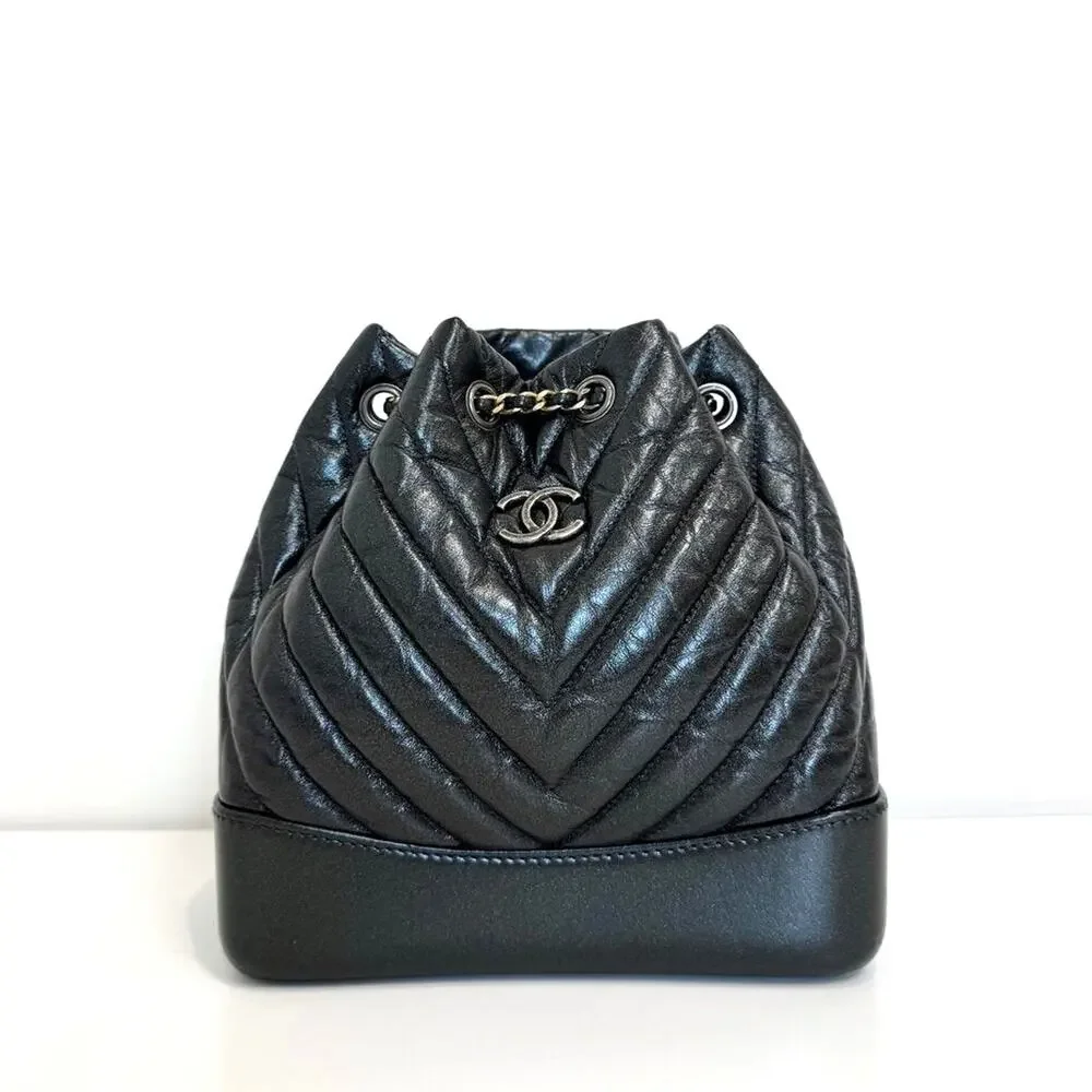 CHANEL Metallic Gunmetal Gray Chevron Quilted Gabrielle Backpack Aged Calfskin